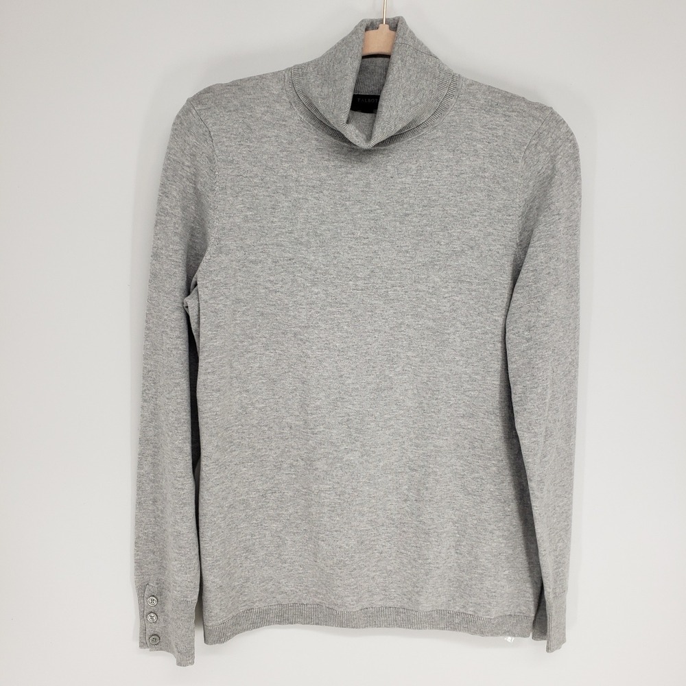 Talbots Turtleneck Sweater Women Size M Light Heather Gray Button Cuff Knit Top